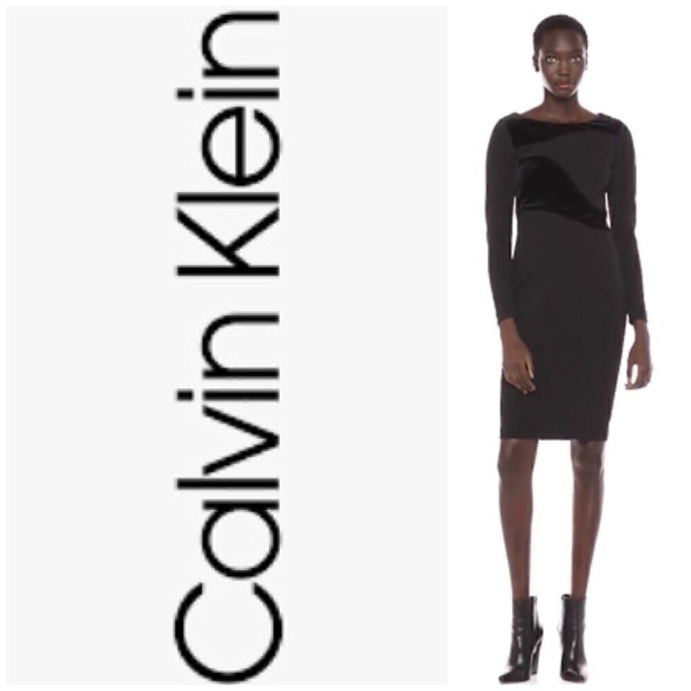 CALVIN KLEIN - NWOT - L Sz 14 Long Sleeve Solid Sheath Midi Dress/Velvet Detail